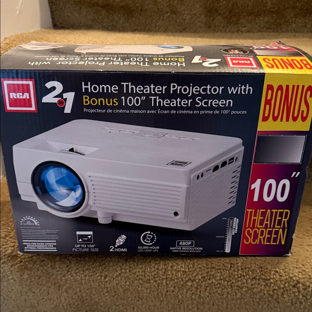 RCA White Home Theater Projector with Bonus 100" Screen